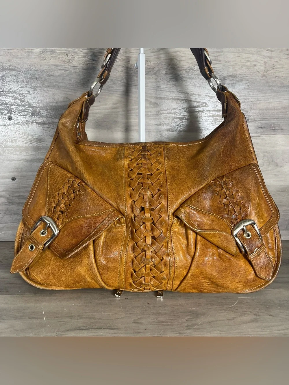 Junior Drake Tan Brown Leather Expandable Hobo Bag 90s Y2K Braided Buckles